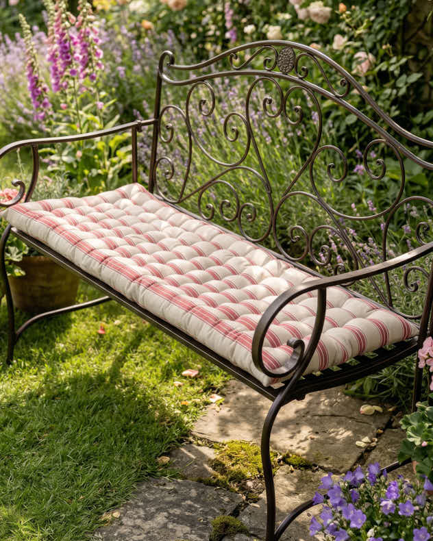 Red Stripe Quilted Garden Bench Cushion