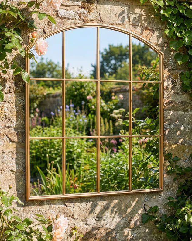 Gold Metal & Glass Mirror - Arched Gold Outdoor Window Mirror 90cm x 80cm