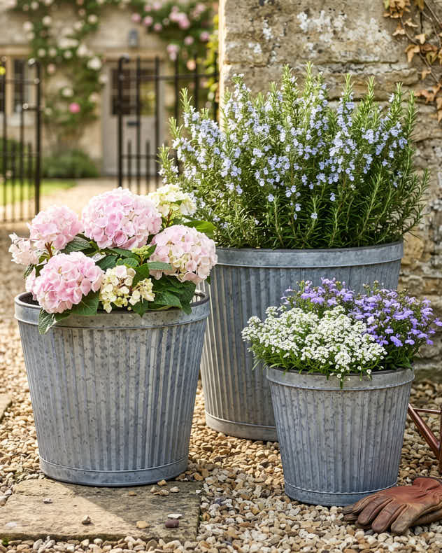 Set of 3 Ribbed Metal Bucket Planters
