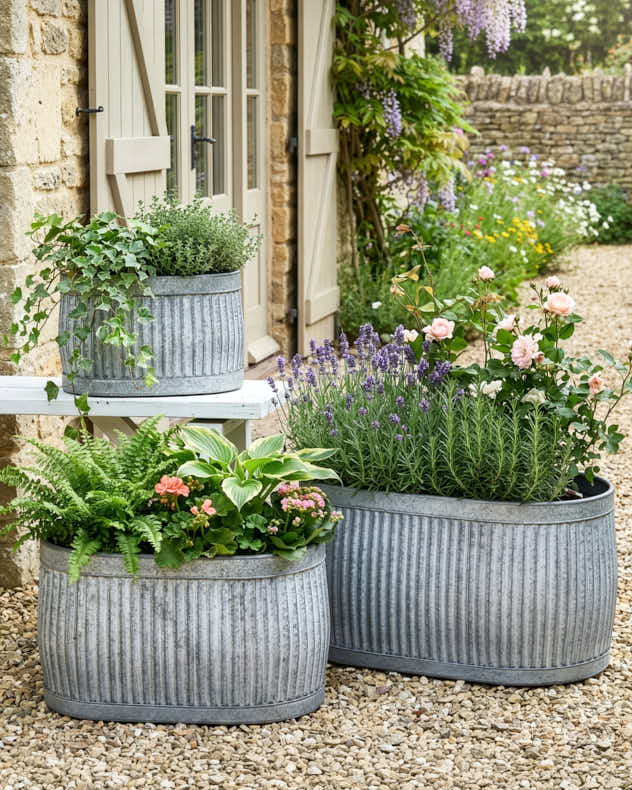 Grey Metal Pots &amp; Planters - Set of 3 Ribbed Metal Tub Planters