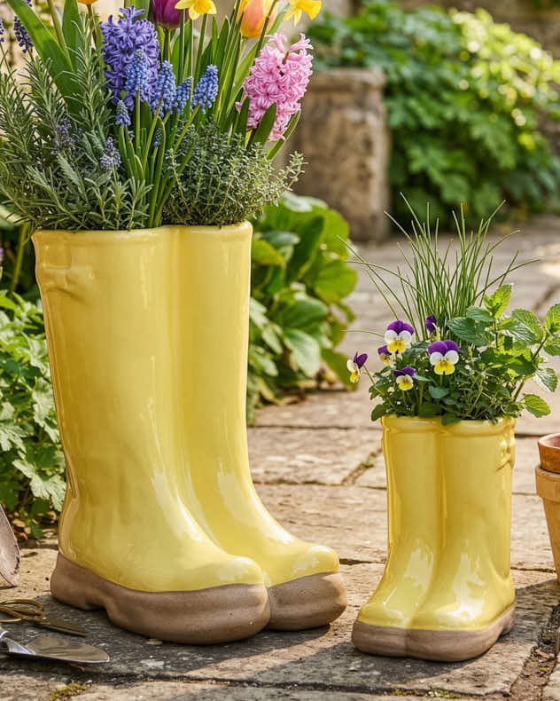 Large & Small Yellow Wellington Boot Plant Pots