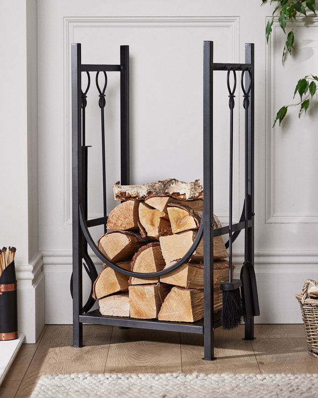black iron Fire side log storage with tools