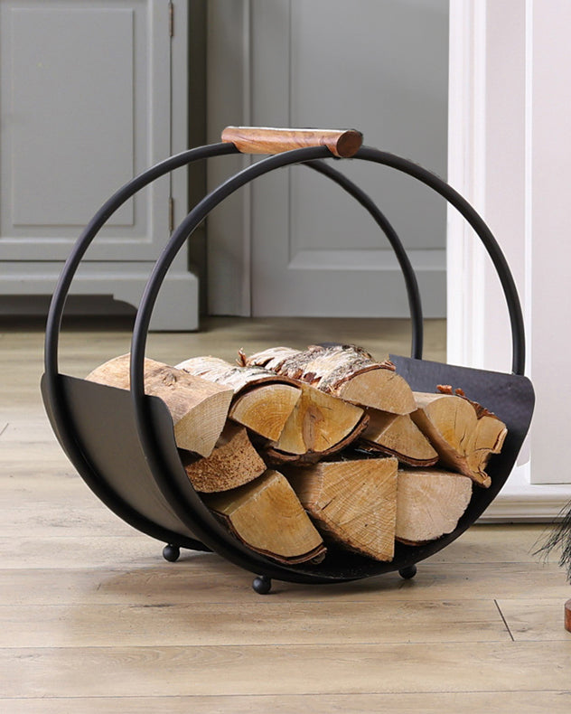 Wooden Handle Black Round Log Holder
