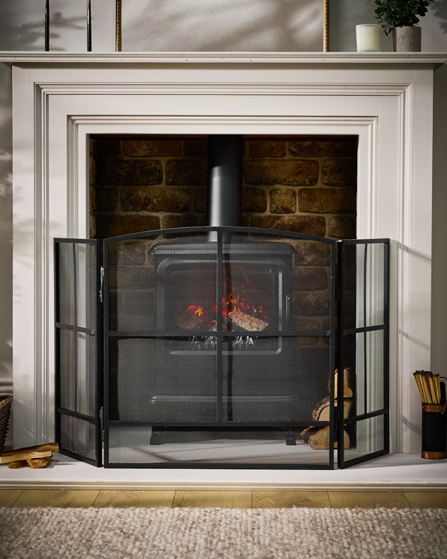 Small Black Recycled Iron Fire Screens & Guards - Hampstead Window Pane Fire Guard