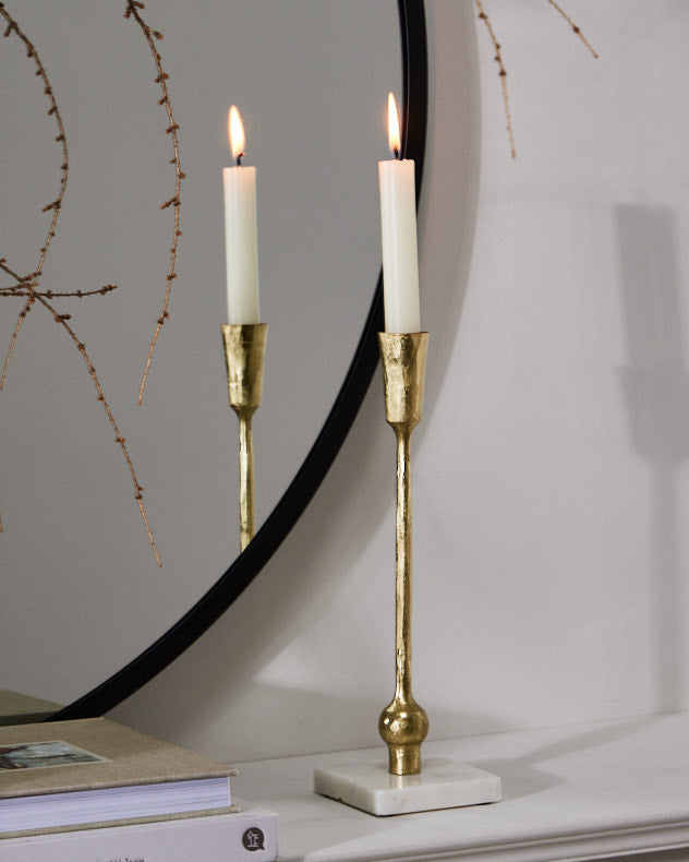 Gold &amp; White Recycled Iron &amp; Marble Candlesticks - Square Marble Base Gold Candle Holder