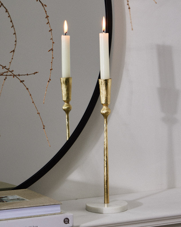 Gold &amp; White Recycled Iron &amp; Marble Candlesticks - Round Marble Base Gold Candle Holder