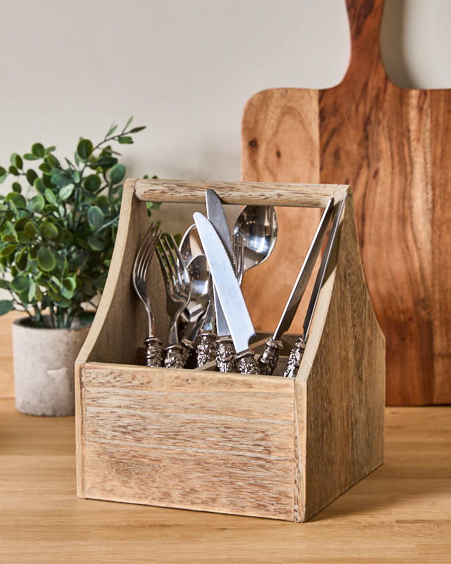 Brown Cutlery Holders - Oak Effect Wooden 4 Section Cutlery Holder