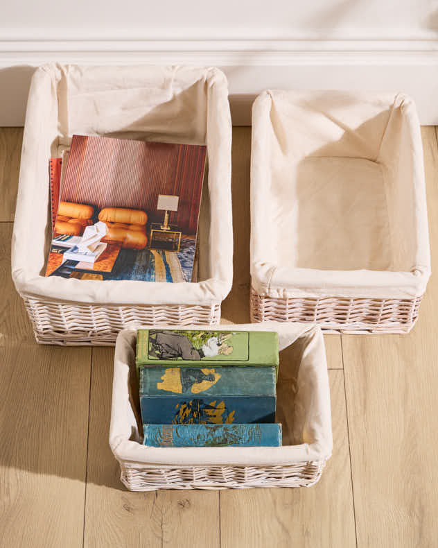 Set of 3 White Wicker Storage Baskets