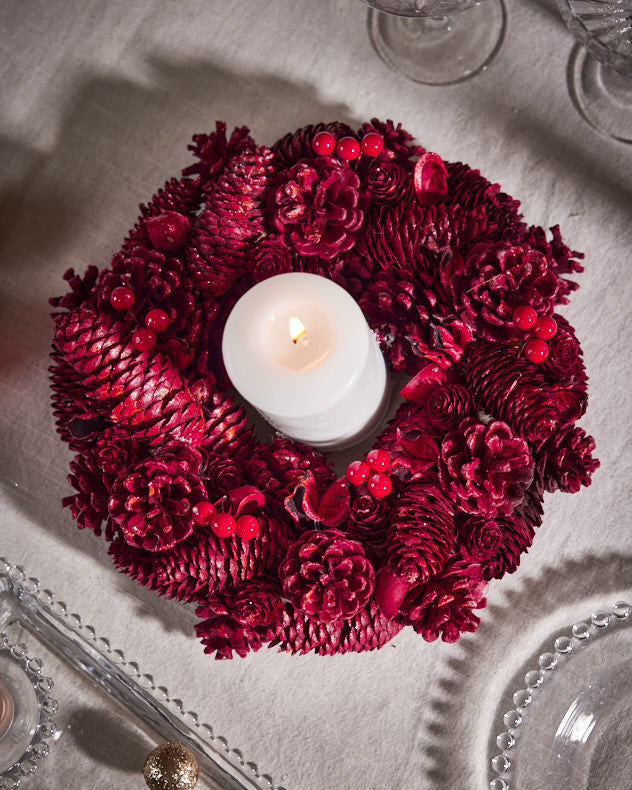 Ruby Red Roses Pinecone Table Centrepiece