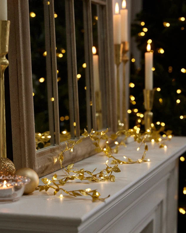 Gold Leaf Pre-Lit Garland on mantel