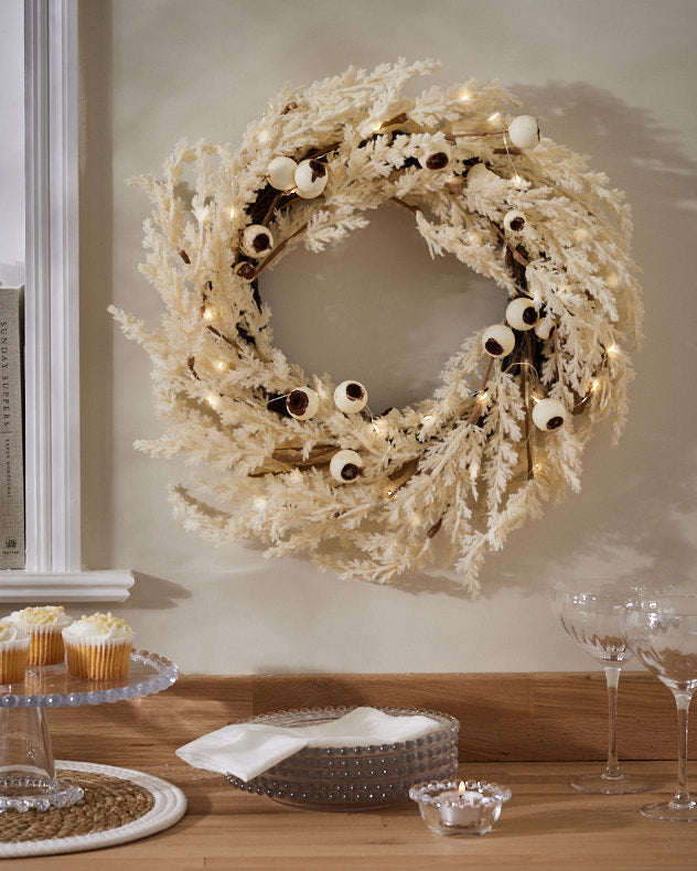 Cream & Brown Wood Wreaths - Snowberry Light-Up Wreath