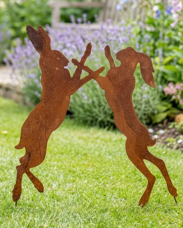 Brown Metal Garden Ornaments - Boxing Hares Garden Ornament