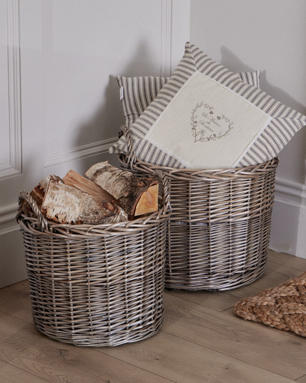 Grey Wicker Log & Coal Storage - Set of Two Willow Log Baskets