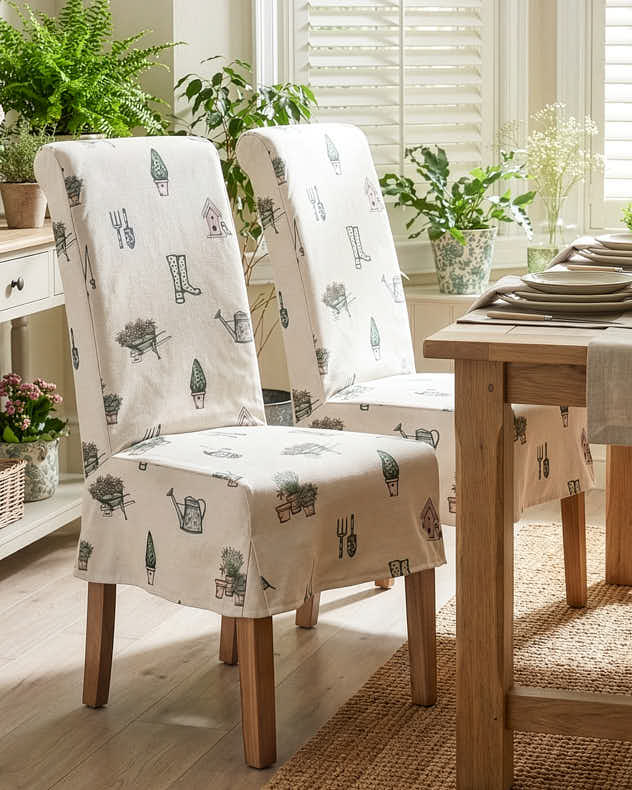 White & Multi-colour & Brown Linen & Plywood & Solid Oak Dining Chairs - Set of 2 Country Print Dining Chairs