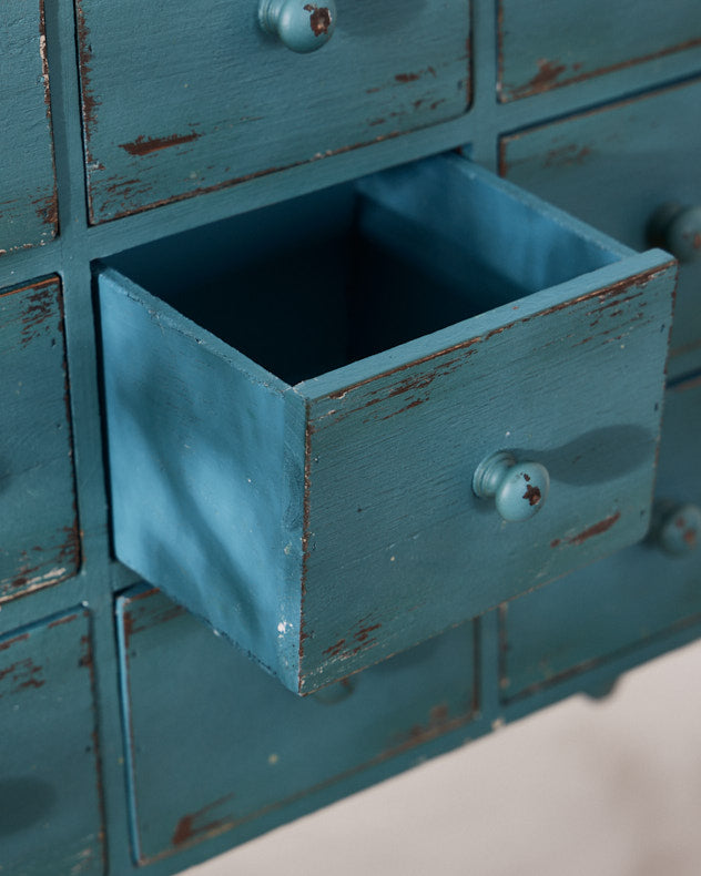 Antique Blue Pigeon Hole Wall Shelf with Hooks