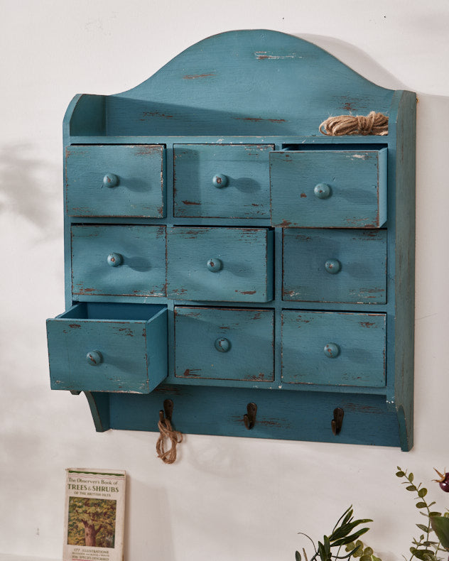 Antique Blue Pigeon Hole Wall Shelf with Hooks
