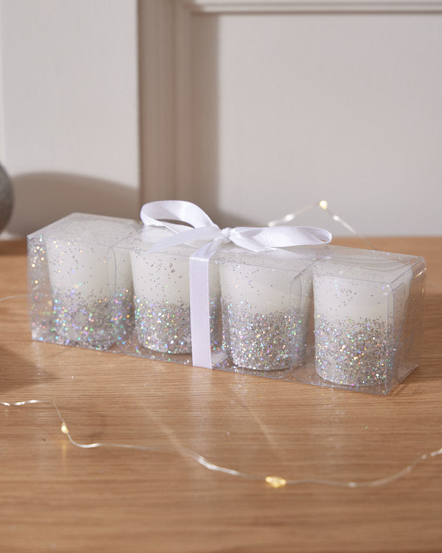 Set of 4 White Glitter Dipped Candles