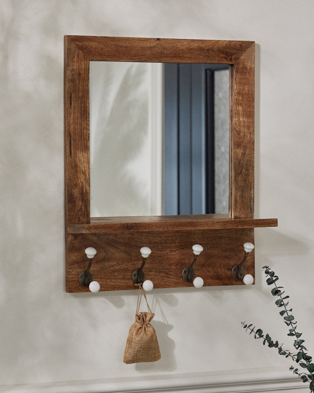 Wooden Hallway Mirror with Hooks