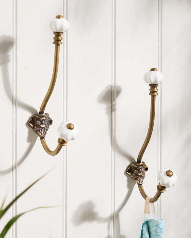 Bronze & White Recycled Iron & Ceramic Wall Hooks - 2 Double Ceramic Wall Hooks