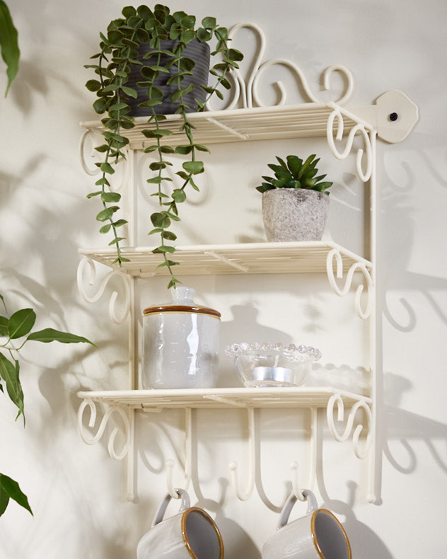 Ivory Wall Shelf Rack with Hooks