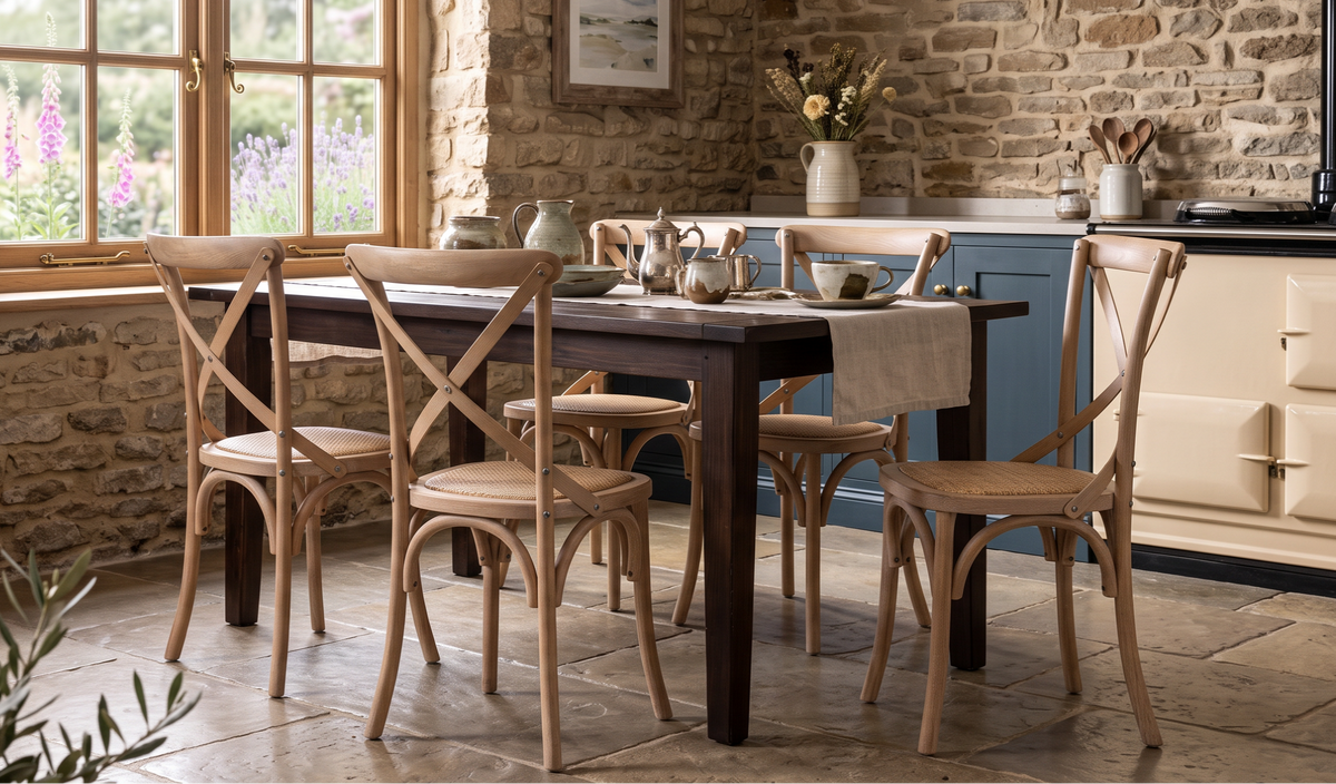 Dibor rustic dining set featuring a dark wood rectangular table and six light natural wood chairs with crossed-back designs, styled in a stone-walled kitchen setting.