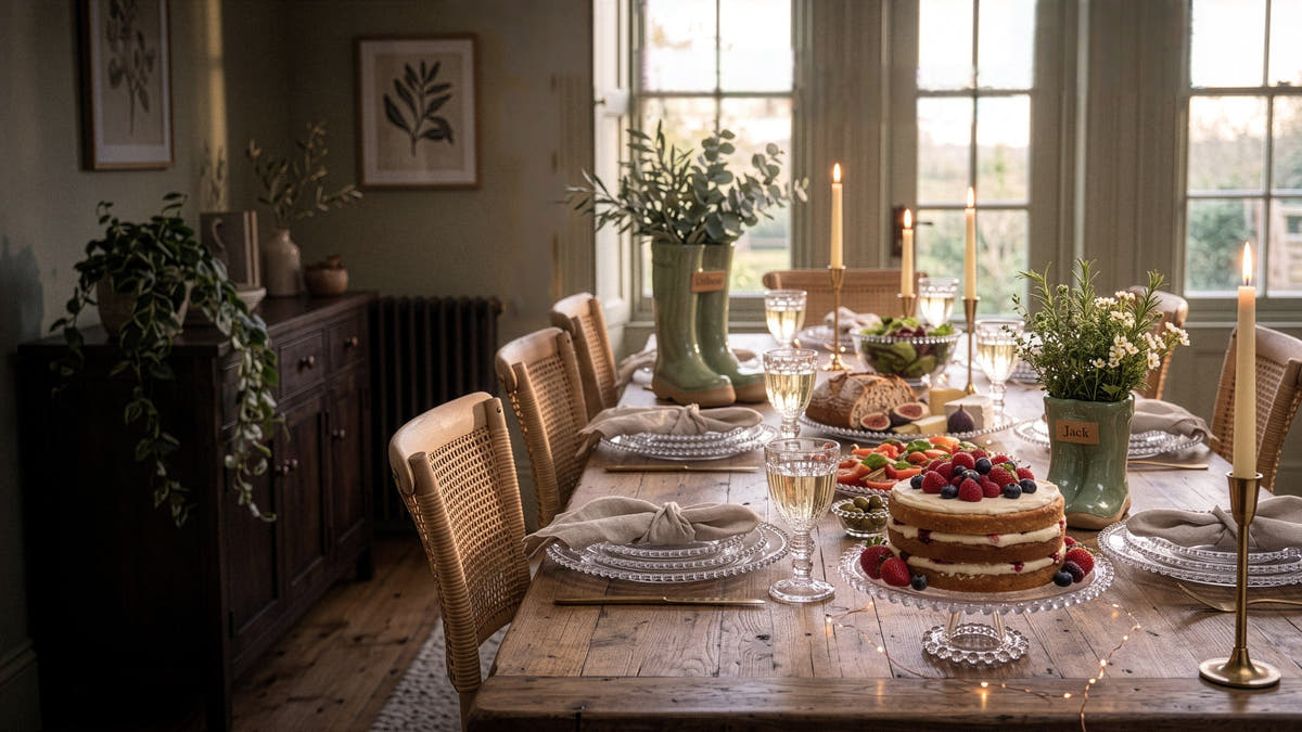 Birthday table set with Bella Perle glassware, welly boot planters and a berry cake