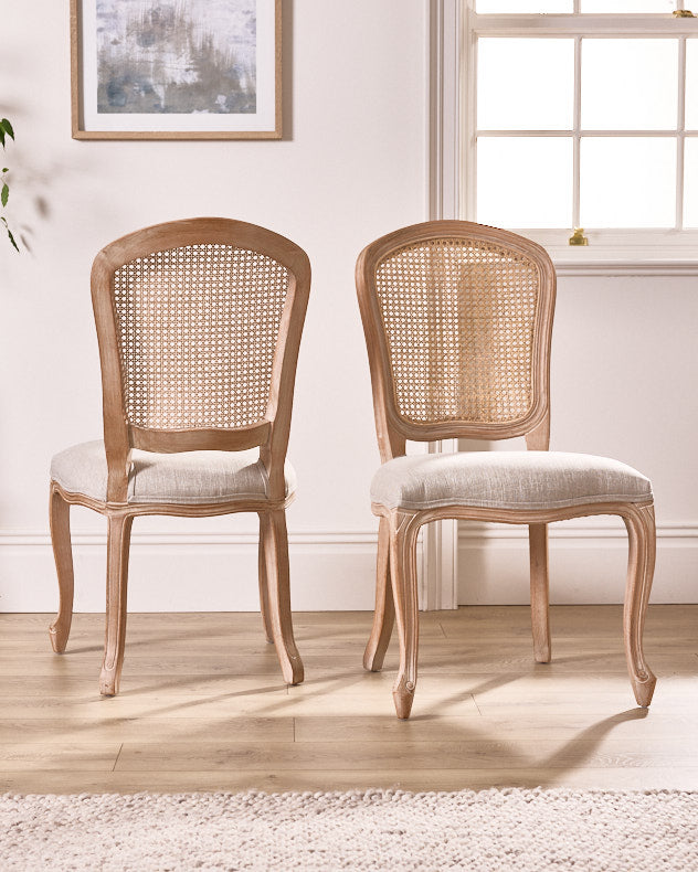 Natural &amp; Grey &amp; Brown Toon Wood &amp; Rattan &amp; Linen Dining Chairs - Set of 2 Loire Rattan Back Dining Chairs