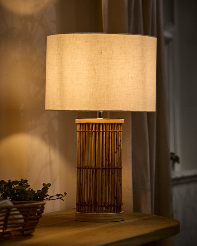 Bamboo Base Table Lamp With Light Tuned On