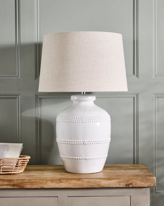 White Ceramic & Linen Table Lamps - White Beaded Table Lamp