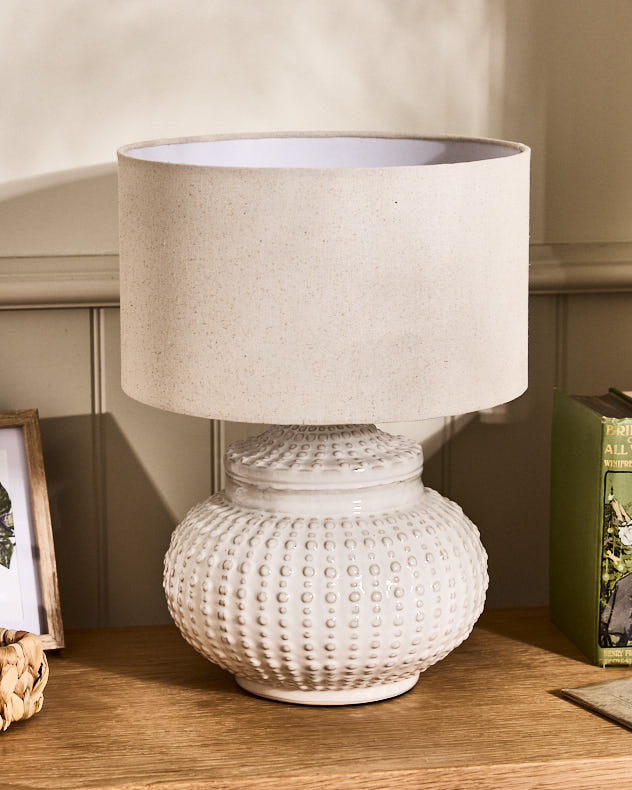White Ceramic & Linen Table Lamps - Dimpled White Ceramic Table Lamp