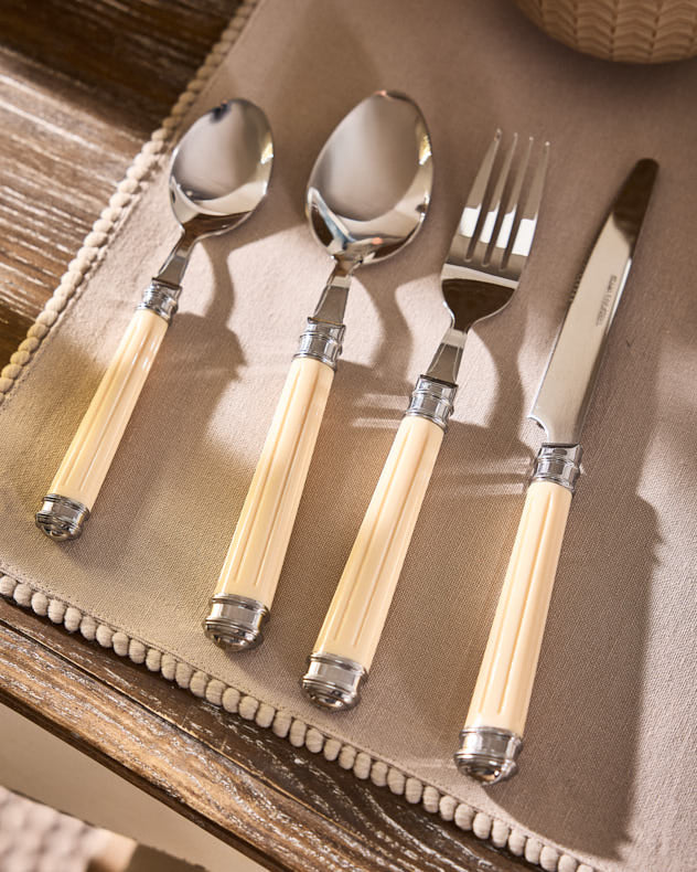 Silver & Cream Stainless Steel Cutlery & Cutlery Organisers - 24pc Ribbed Handle Cutlery Set