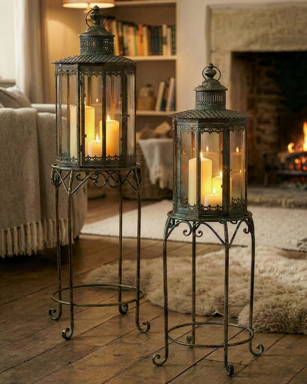 Small Metal Candle Holders - Verdigris Candle Lantern on Stand