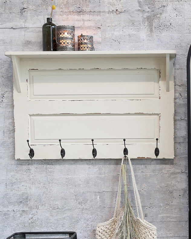 White Wash Wall Shelf with Hooks