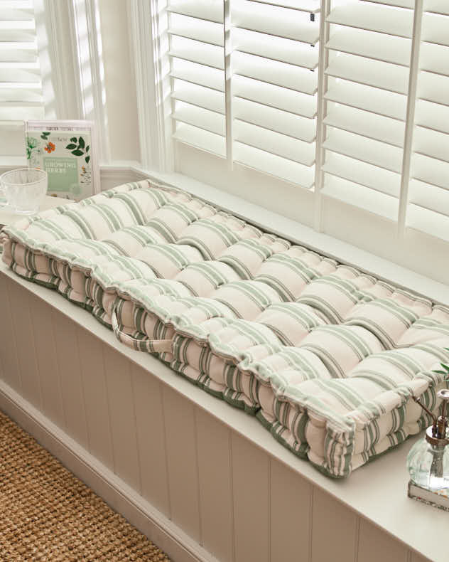 Green & Natural 100% Cotton & Polyester Bench Cushions - Green Stripe Indoor Bench Cushion