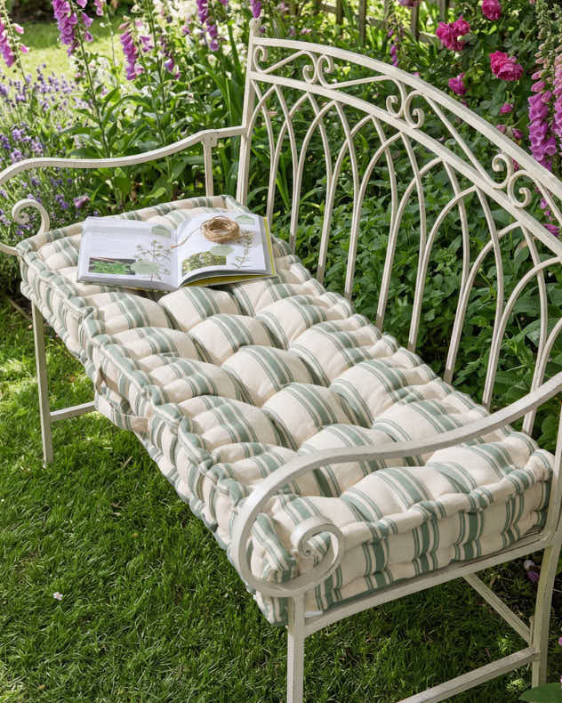 Green & Natural 100% Cotton & Polyester Garden Bench Cushion - Green Stripe Garden Bench Cushion
