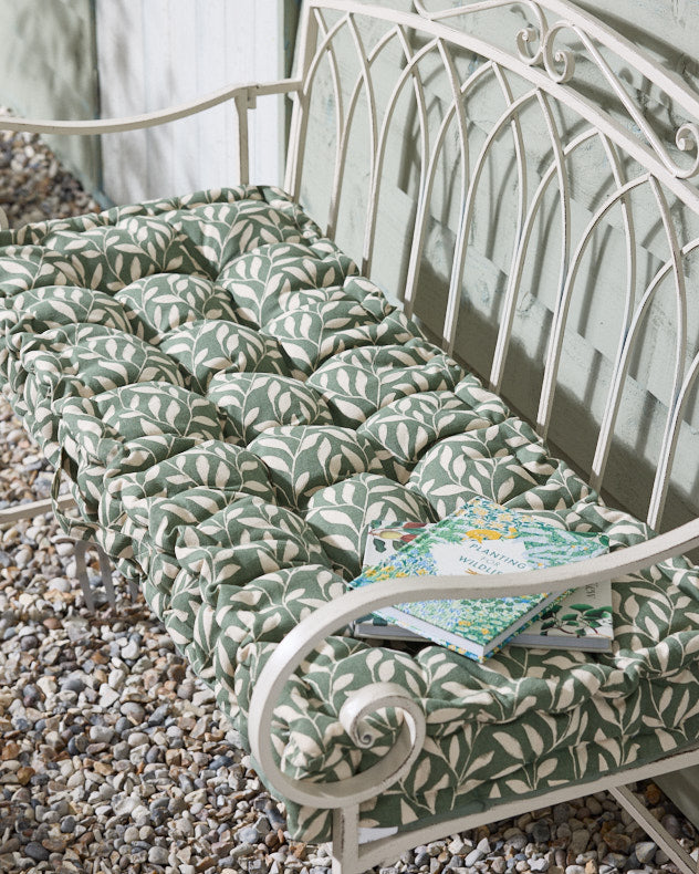 Forest Green Leaf Cotton Reversible Bench Cushion