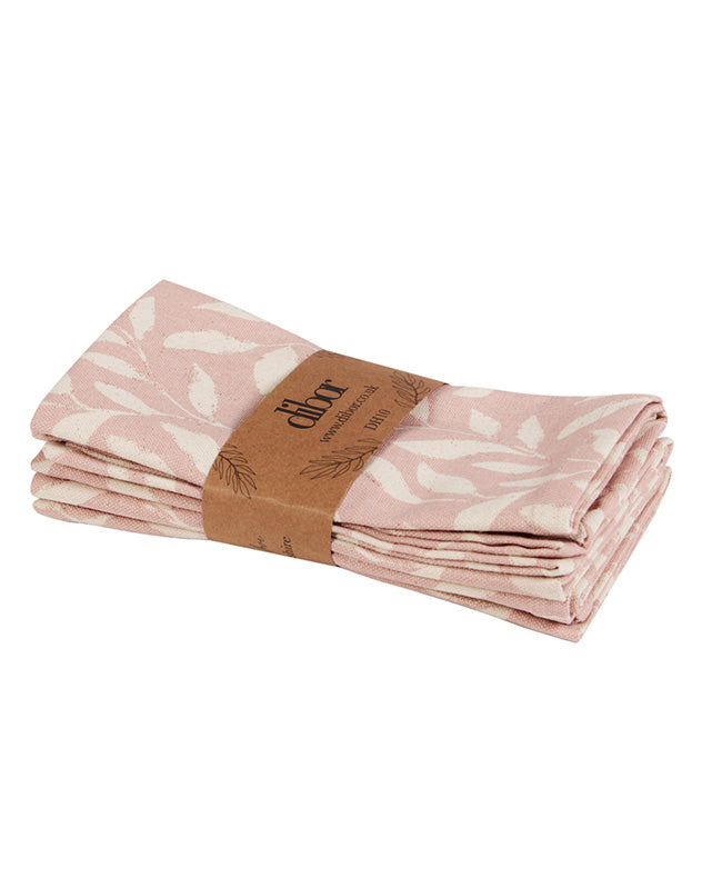 Set of 4 Pink Leaf Cotton Napkins