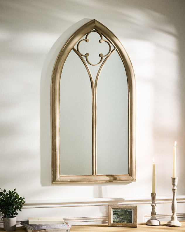 Recycled Iron & Glass Mirror - Vienne Pointed Arch Window Mirror 105cm x 56cm