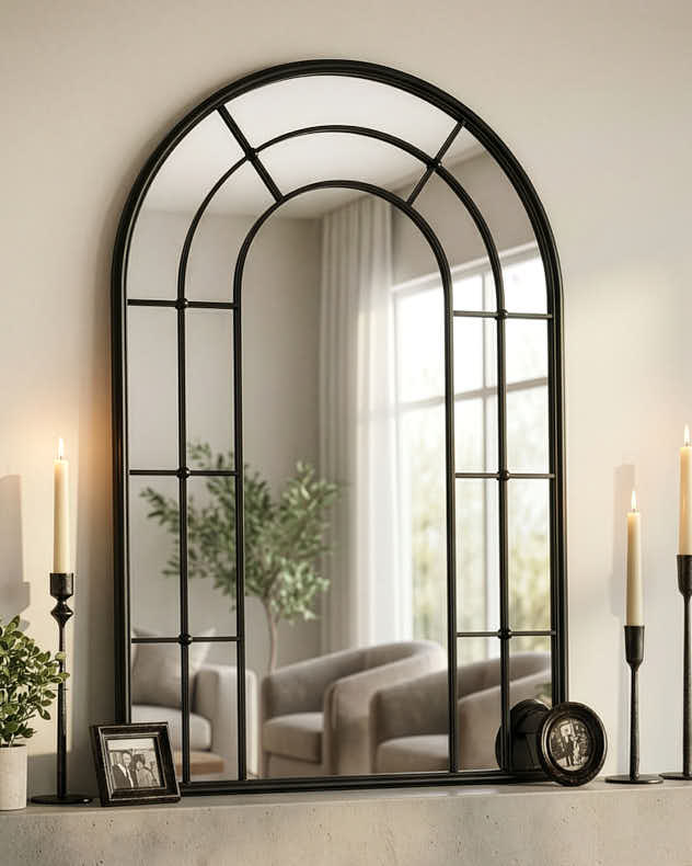 Black Recycled Iron & Glass Mirror - Canet Black Tall Indoor Mirror 107cm x 65cm