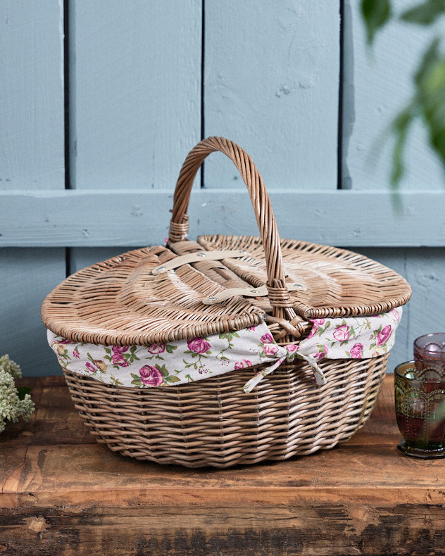 Oval Wicker Picnic Basket with Rose Lining