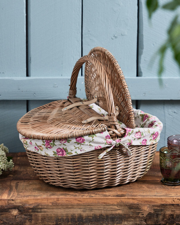 Oval Wicker Picnic Basket with Rose Lining