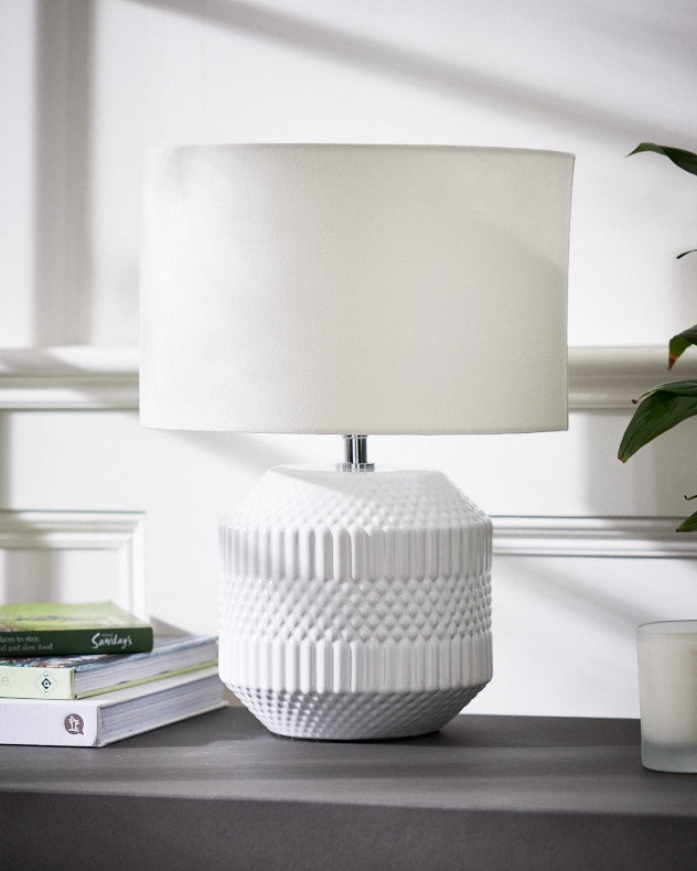 White Ceramic & Linen Table Lamps - Wide Kolding Geometric Table Lamp