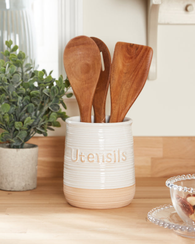 Cream & Brown Ceramic Kitchen Storage & Baskets - Sorrento Rustic Utensil Pot