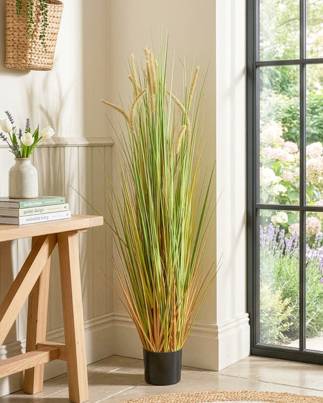 Green & Brown & Natural Plastic Faux Potted Plant - Faux Ravenna Grass Pot