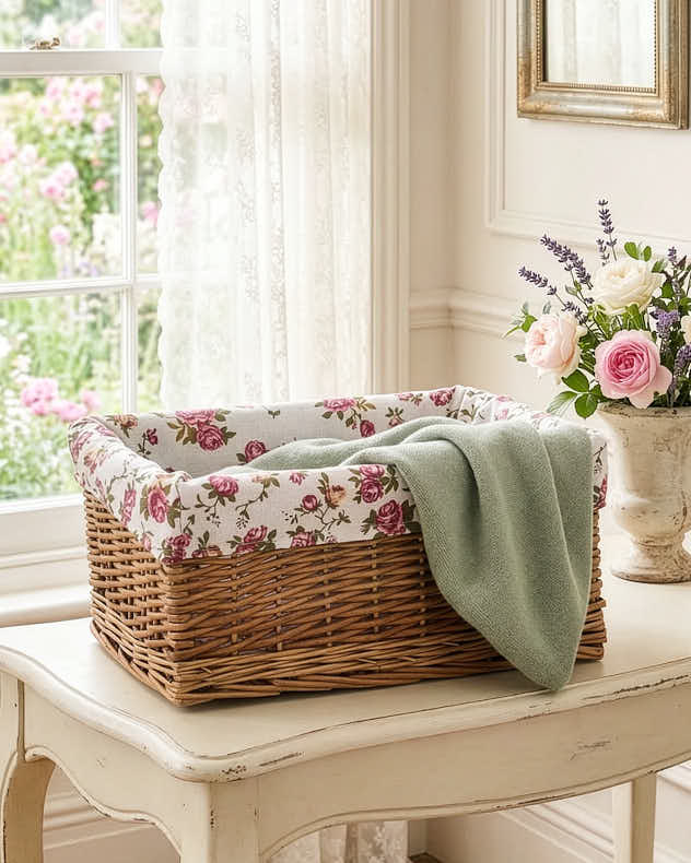 Brown & Natural & Pink Wicker Storage Baskets - Wicker Basket with Rose Lining