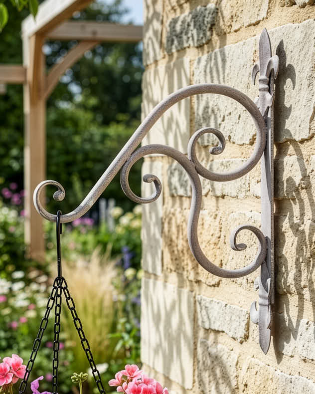 Grey Metal Garden Accessories - Fleur de Lys Scrolled Wall Bracket