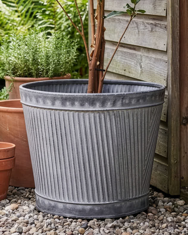 Grey Metal Pots & Planters - Ribbed Metal Planter Bucket