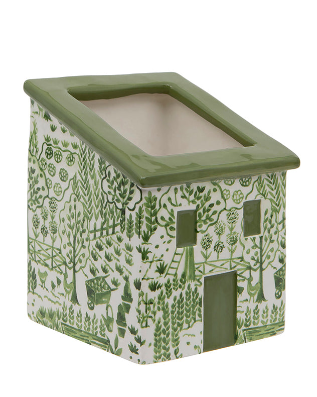 Patterned Green and White Painted House Planter