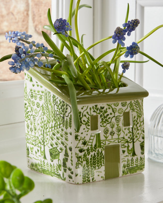 Green & White Ceramic Pots & Planters - Green & White Painted House Planter
