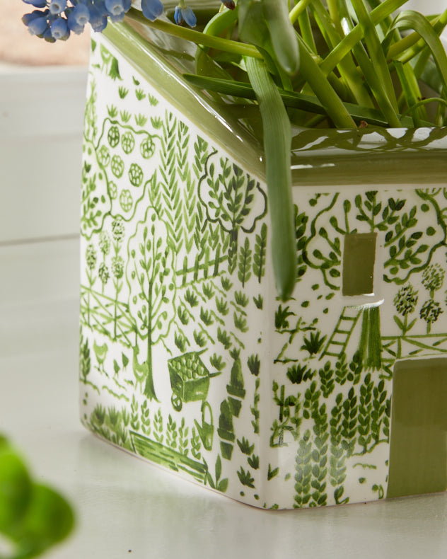 Patterned Green and White Painted House Planter